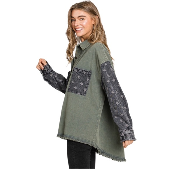 VICI Women’s Chime Star Print Denim Jacket Shacket Washed Black L Oversized - Picture 8 of 11